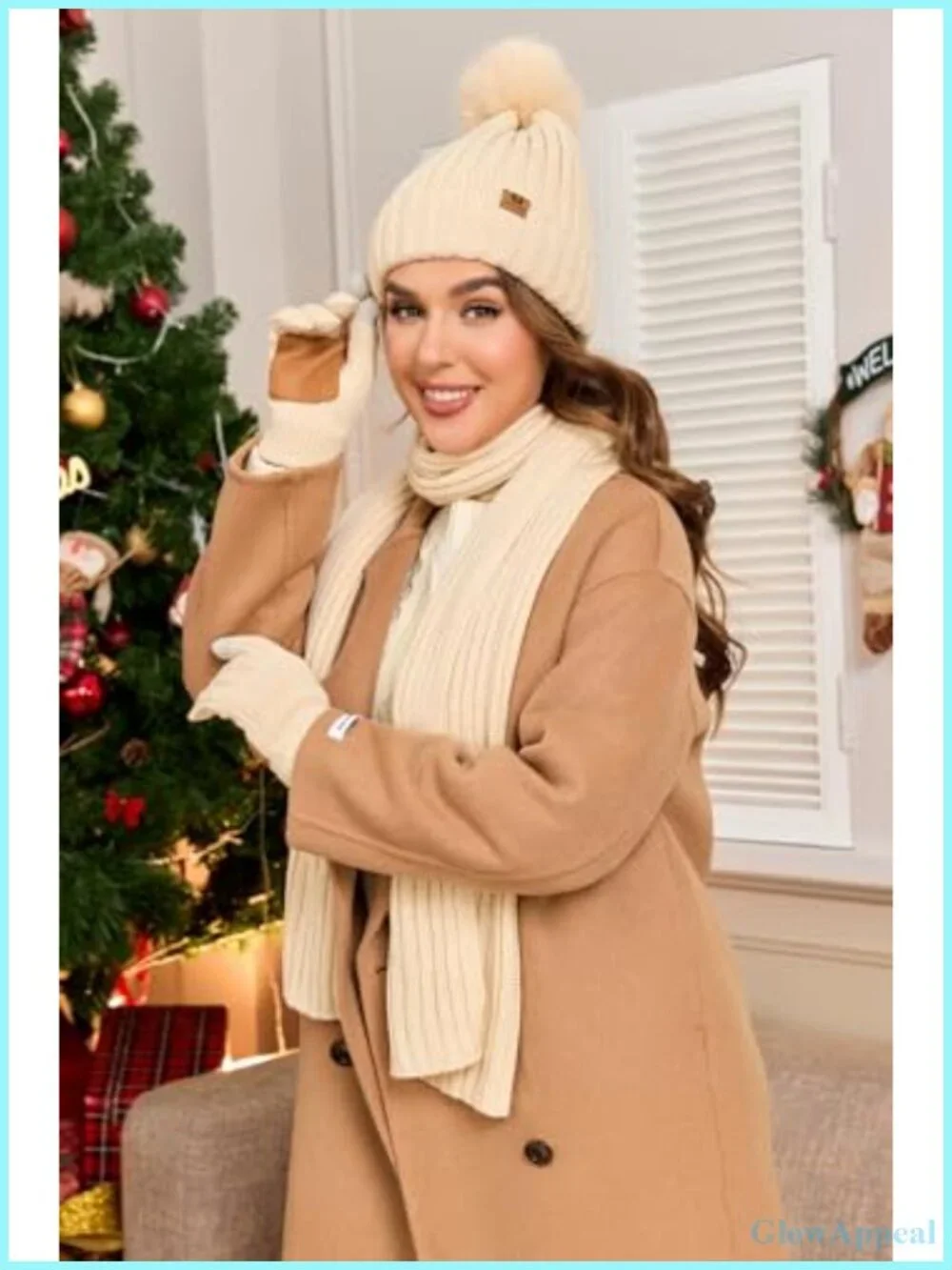 Women's Winter Beanie Scarf Gloves Set Knit Pom Pom Touchscreen 3 in 1 Acrylic